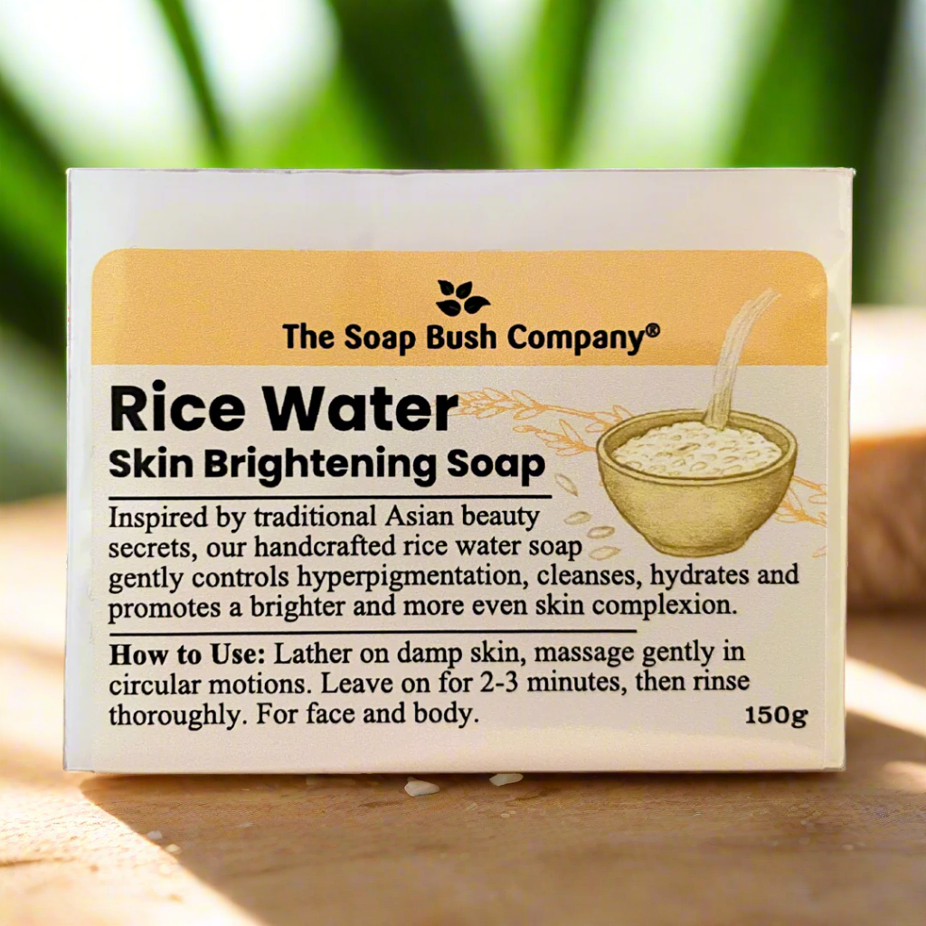 Rice Water Skin Brightening Soap packaging from The Soap Bush Company on a white background