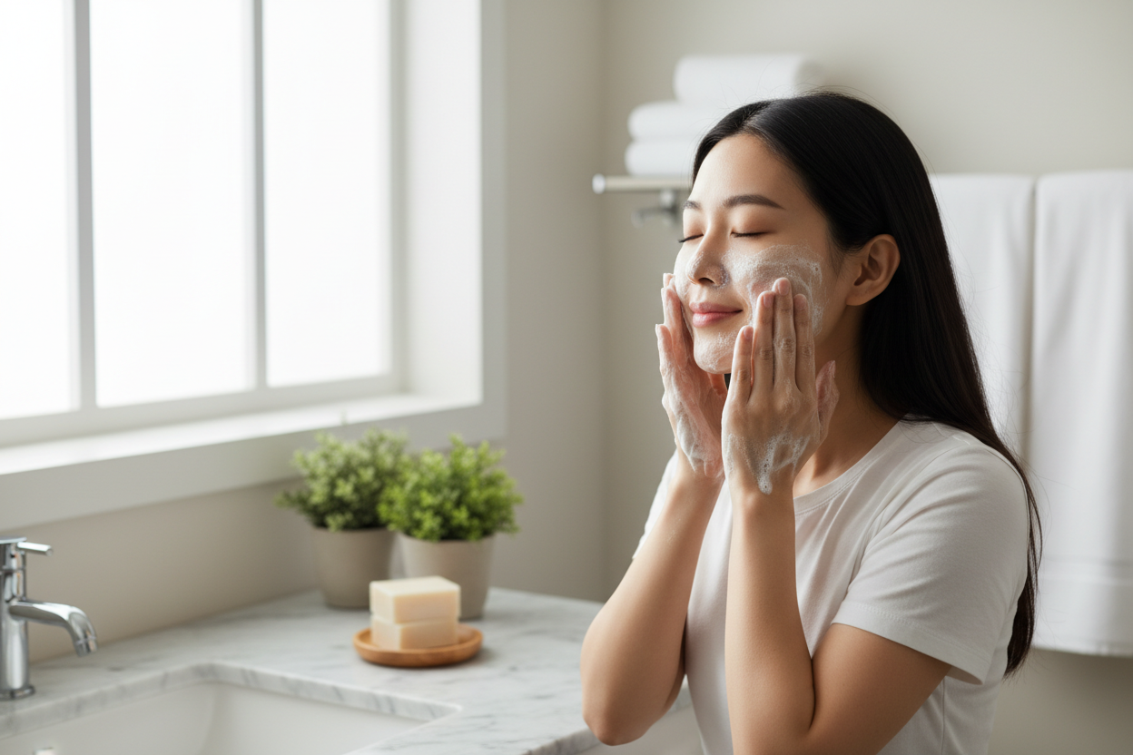 create an asian woman washing her face with rice water soap with some lather