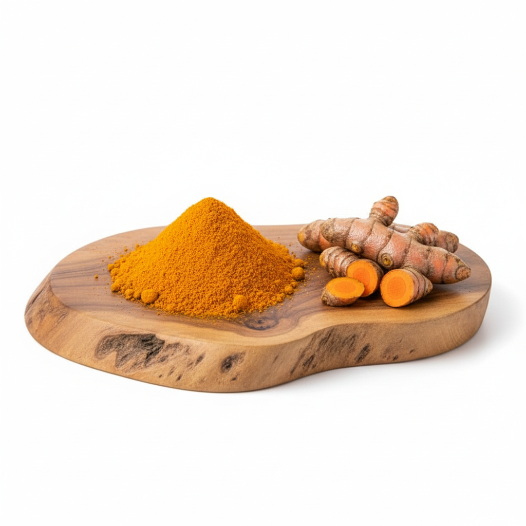 Turmeric powder and turmeric roots on a wooden board with a white background, the soap bush company organic turmeric face bar targets facial hyperpigmentation, available in canada, handcrafted soap bar from canada