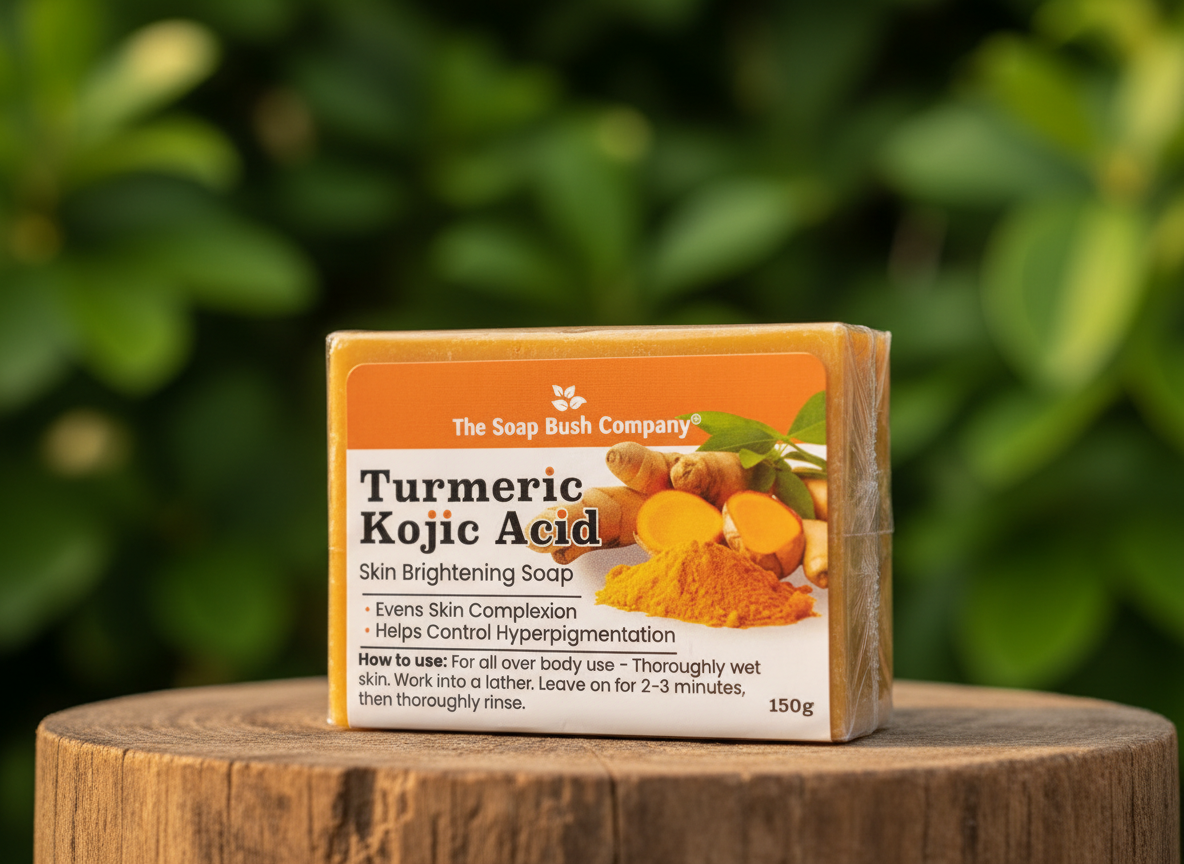 Bar of Turmeric Kojic Acid soap from The Soap Bush Company on a wooden block with a green leafy background.